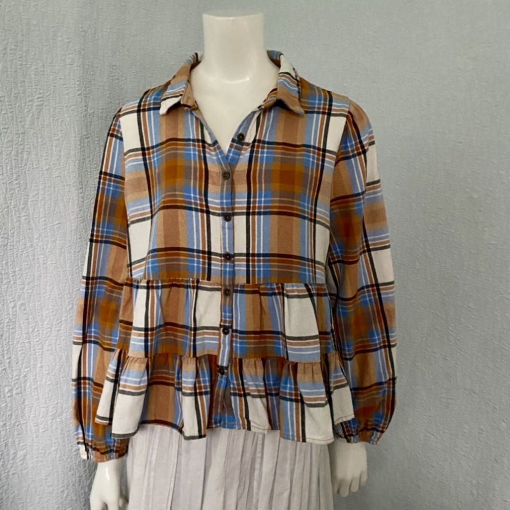 Plaid Button-Up Peplum Cotton Top Brown Blue Baby Doll